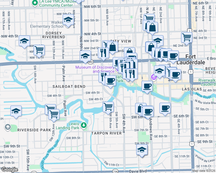 map of restaurants, bars, coffee shops, grocery stores, and more near 201 Southwest 5th Avenue in Fort Lauderdale