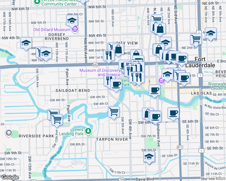 map of restaurants, bars, coffee shops, grocery stores, and more near 201 Southwest 5th Avenue in Fort Lauderdale