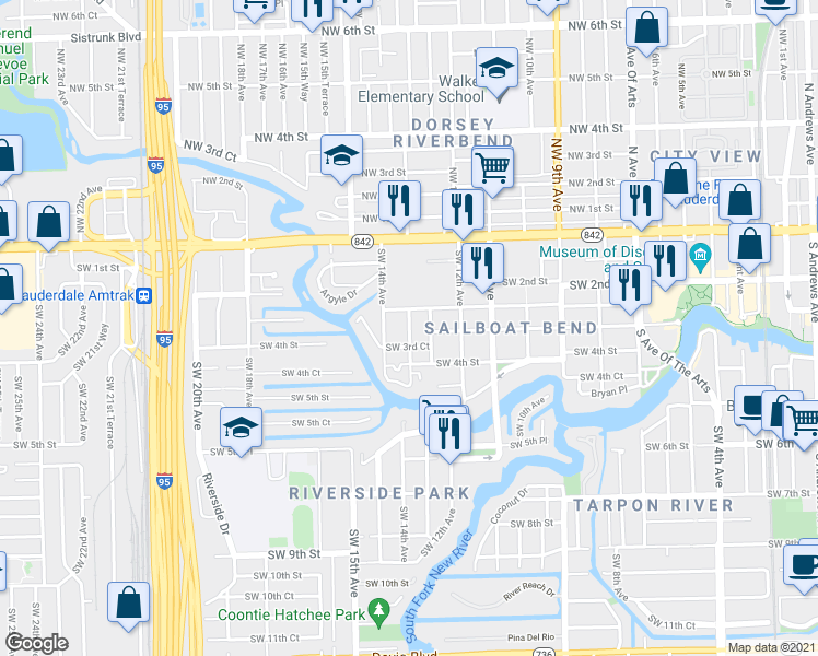 map of restaurants, bars, coffee shops, grocery stores, and more near 1346 Southwest 2nd Court in Fort Lauderdale