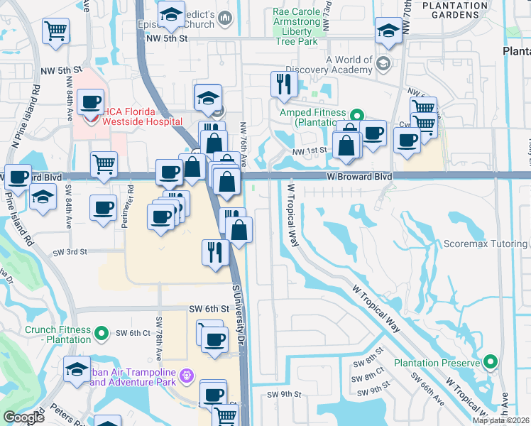 map of restaurants, bars, coffee shops, grocery stores, and more near 80 Southwest 75th Avenue in Plantation