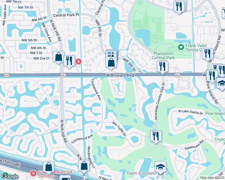 map of restaurants, bars, coffee shops, grocery stores, and more near 121 Southwest 96th Terrace in Plantation