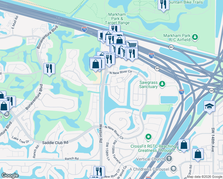 map of restaurants, bars, coffee shops, grocery stores, and more near 180 Southwest 159th Way in Sunrise