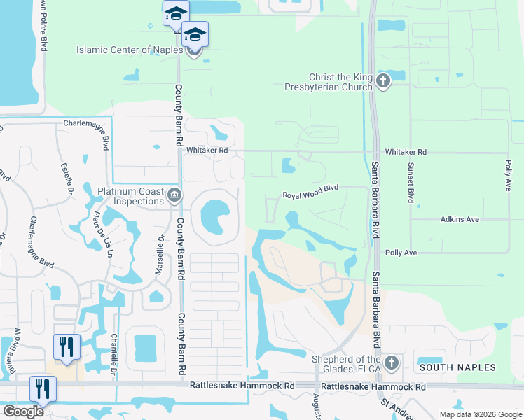 map of restaurants, bars, coffee shops, grocery stores, and more near 3705 Amberly Circle in Naples