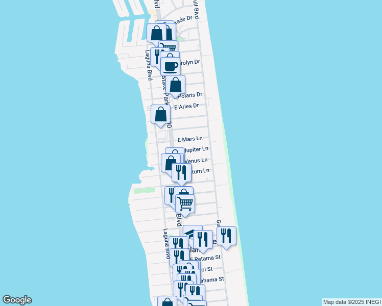 map of restaurants, bars, coffee shops, grocery stores, and more near 113 East Mars Lane in South Padre Island