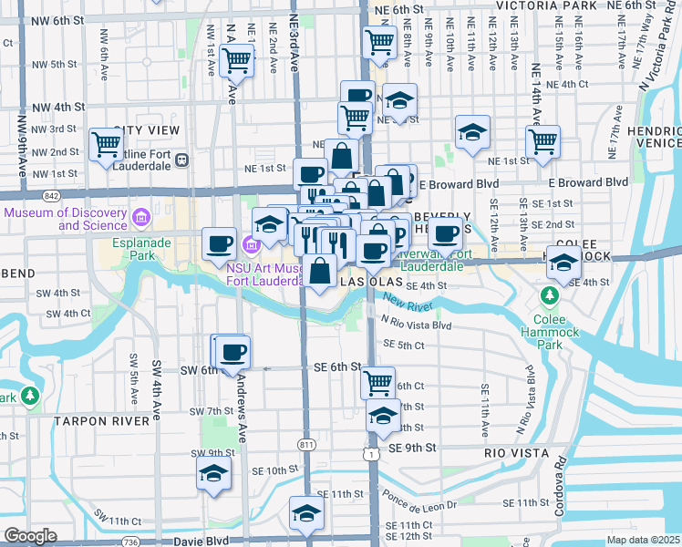 map of restaurants, bars, coffee shops, grocery stores, and more near 401 East Las Olas Boulevard in Fort Lauderdale