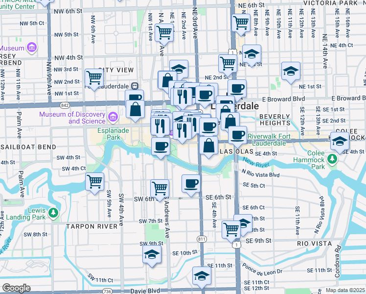 map of restaurants, bars, coffee shops, grocery stores, and more near 100 East Las Olas Boulevard in Fort Lauderdale
