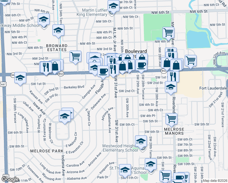 map of restaurants, bars, coffee shops, grocery stores, and more near 140 Carolina Avenue in Fort Lauderdale