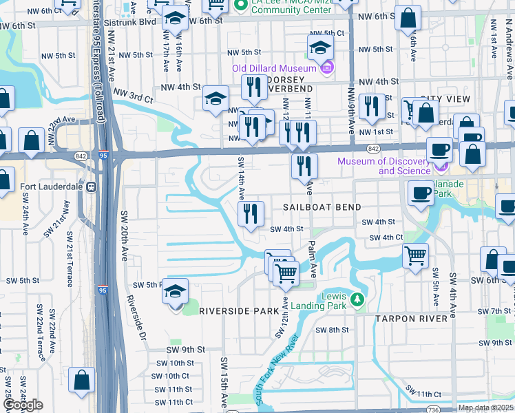 map of restaurants, bars, coffee shops, grocery stores, and more near 1344 Southwest 2nd Court in Fort Lauderdale