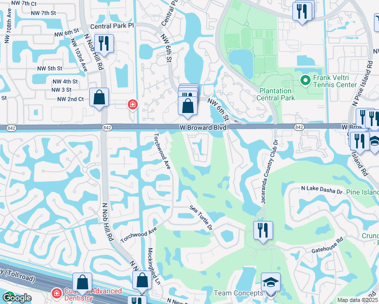 map of restaurants, bars, coffee shops, grocery stores, and more near 121 Southwest 96th Terrace in Plantation