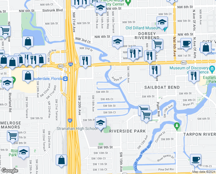 map of restaurants, bars, coffee shops, grocery stores, and more near 1528 Argyle Drive in Fort Lauderdale