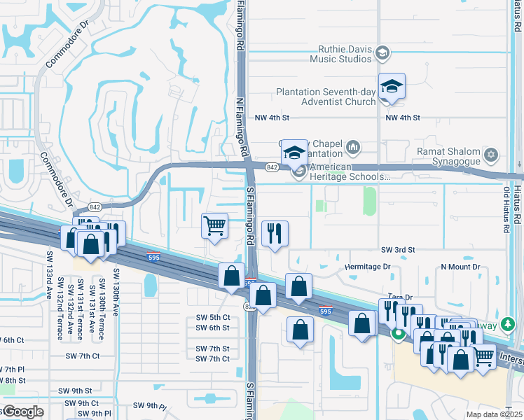 map of restaurants, bars, coffee shops, grocery stores, and more near 12360 Southwest 1st Street in Plantation