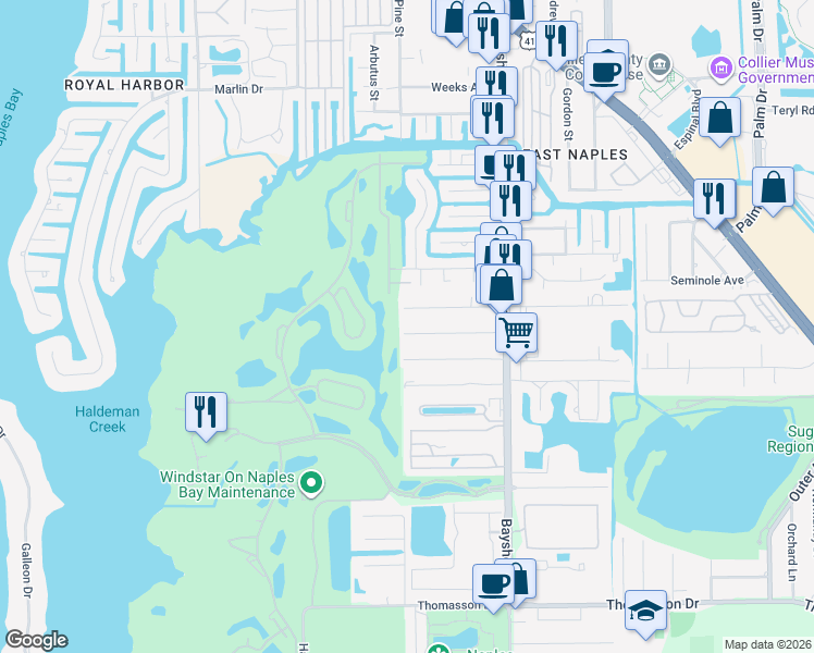 map of restaurants, bars, coffee shops, grocery stores, and more near 2540 Barrett Avenue in Naples