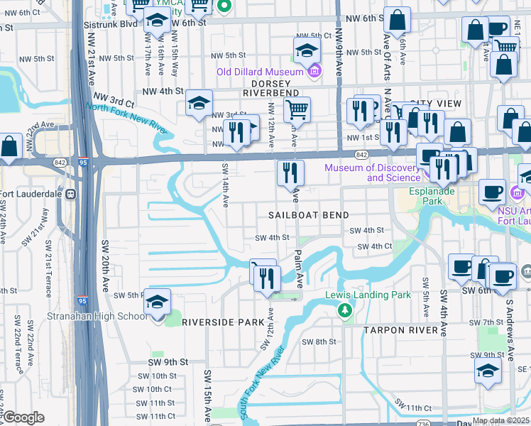 map of restaurants, bars, coffee shops, grocery stores, and more near 1224 Middle Street in Fort Lauderdale