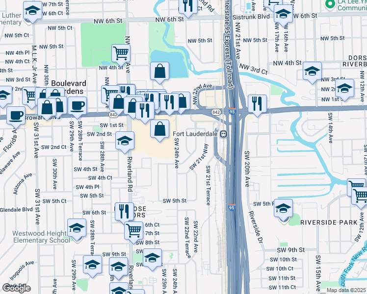 map of restaurants, bars, coffee shops, grocery stores, and more near 118 Southwest 24th Avenue in Fort Lauderdale