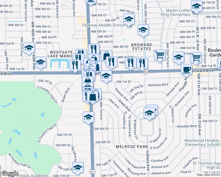 map of restaurants, bars, coffee shops, grocery stores, and more near 3770 Southwest 1st Street in Fort Lauderdale