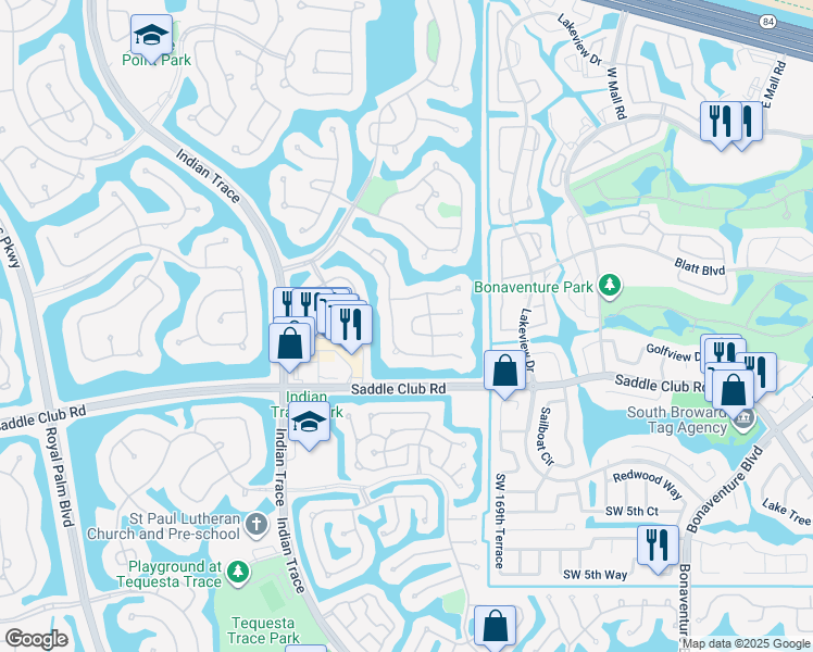 map of restaurants, bars, coffee shops, grocery stores, and more near 359 Lake Crest Court in Weston