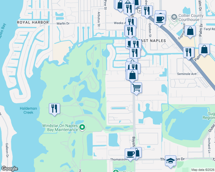 map of restaurants, bars, coffee shops, grocery stores, and more near 2540 Barrett Avenue in Naples
