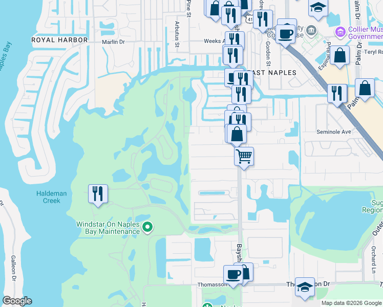 map of restaurants, bars, coffee shops, grocery stores, and more near 2540 Barrett Avenue in Naples