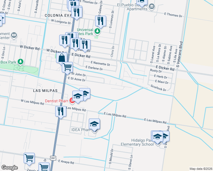 map of restaurants, bars, coffee shops, grocery stores, and more near 7712 South Karen Court in Pharr