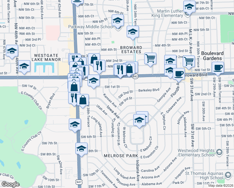 map of restaurants, bars, coffee shops, grocery stores, and more near 3636 Southwest 1st Street in Fort Lauderdale