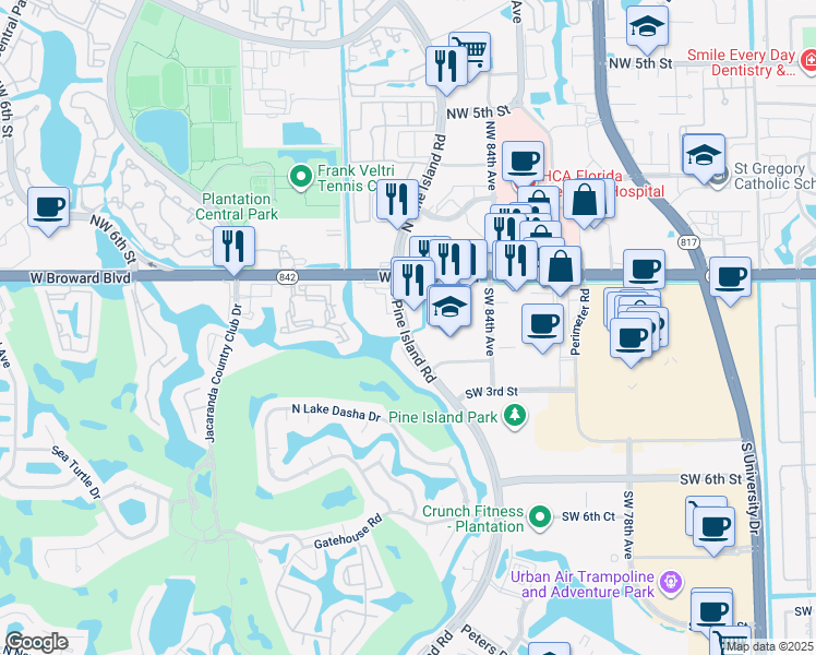 map of restaurants, bars, coffee shops, grocery stores, and more near 102 South Pine Island Road in Plantation