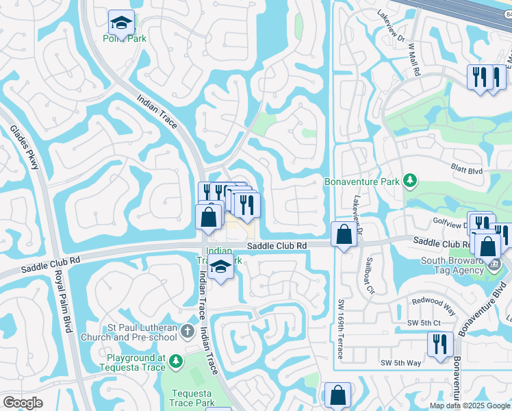 map of restaurants, bars, coffee shops, grocery stores, and more near 225 East Bayridge Drive in Weston