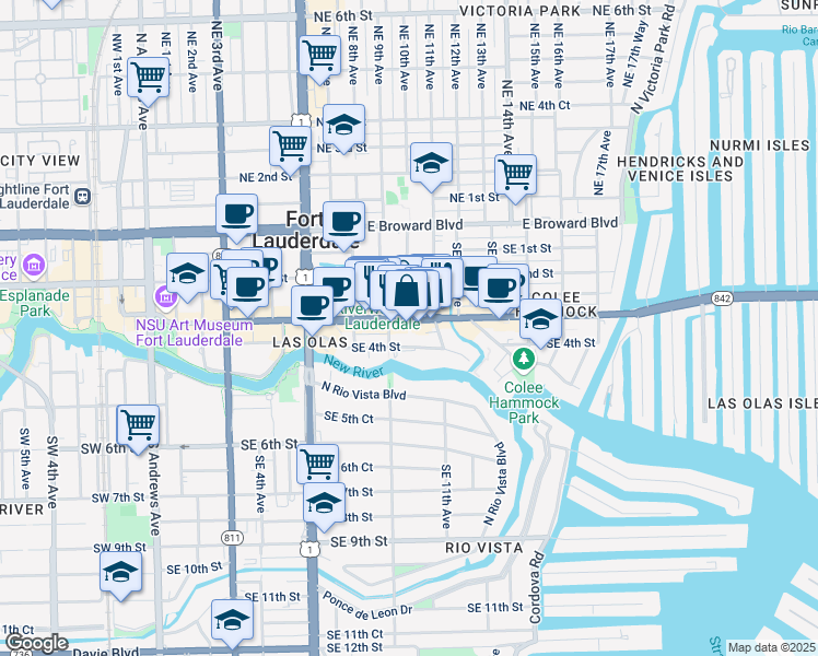map of restaurants, bars, coffee shops, grocery stores, and more near 1007 East Las Olas Boulevard in Fort Lauderdale