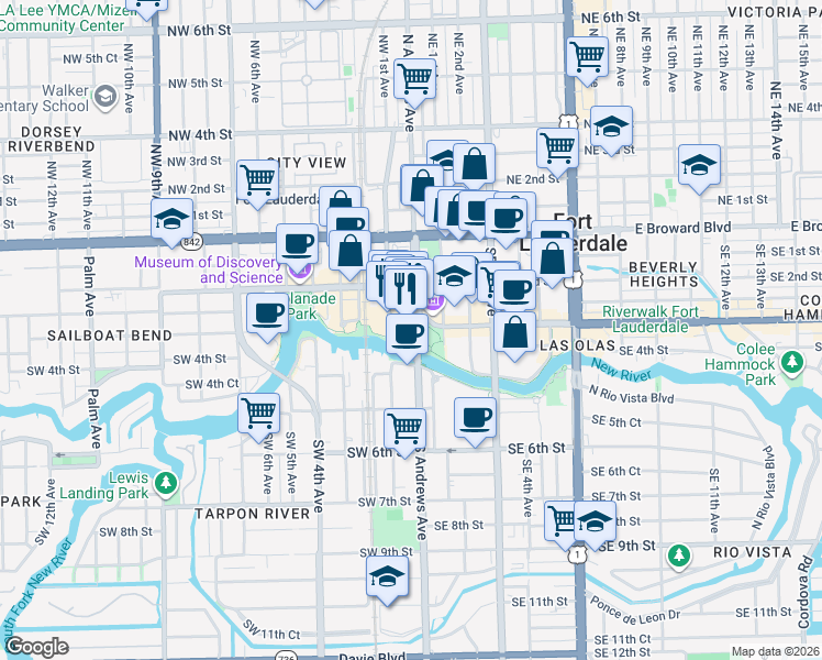 map of restaurants, bars, coffee shops, grocery stores, and more near 20 West Las Olas Boulevard in Fort Lauderdale