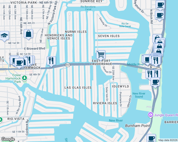 map of restaurants, bars, coffee shops, grocery stores, and more near 316 Isle of Palms Drive in Fort Lauderdale