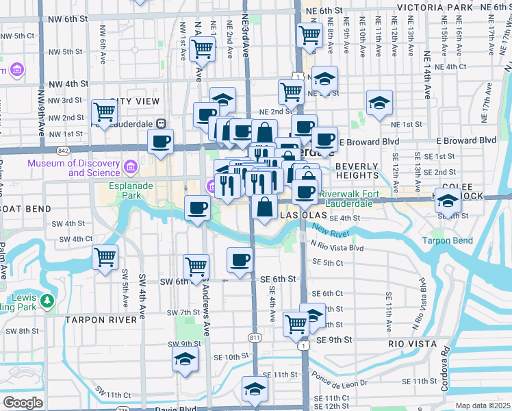 map of restaurants, bars, coffee shops, grocery stores, and more near 188 Southeast 3rd Avenue in Fort Lauderdale