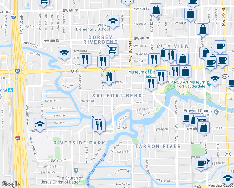 map of restaurants, bars, coffee shops, grocery stores, and more near 1012 Middle Street in Fort Lauderdale