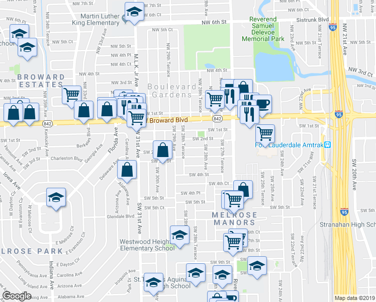 map of restaurants, bars, coffee shops, grocery stores, and more near 2840 Southwest 2nd Court in Fort Lauderdale