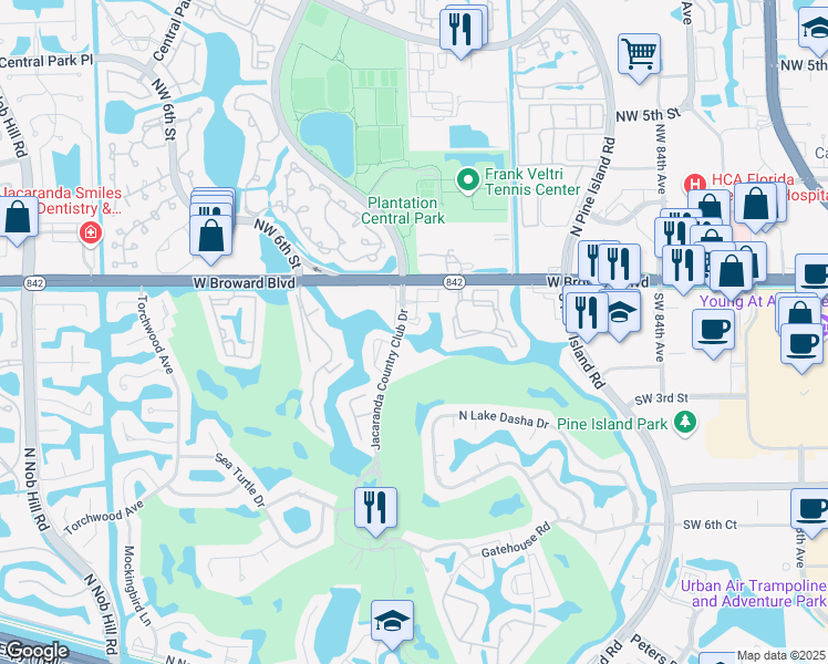 map of restaurants, bars, coffee shops, grocery stores, and more near 17 Jacaranda Drive in Plantation
