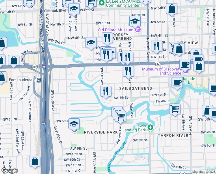 map of restaurants, bars, coffee shops, grocery stores, and more near 1346 Southwest 2nd Court in Fort Lauderdale