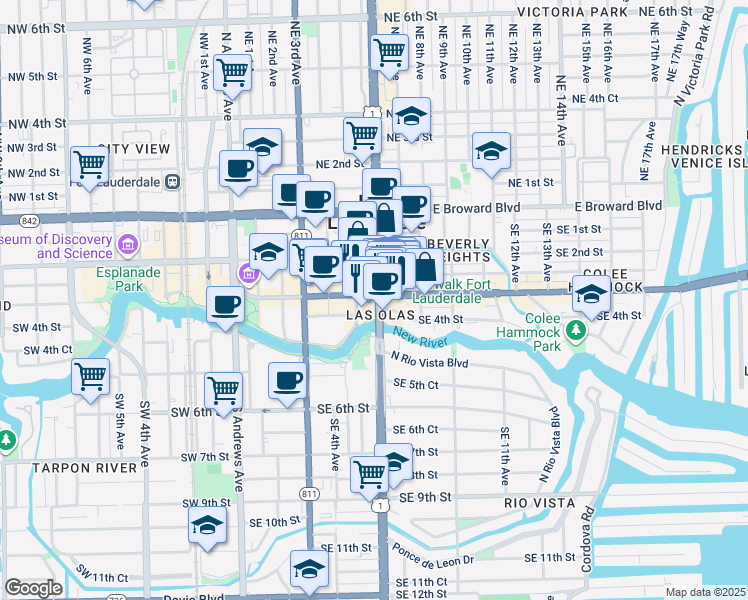 map of restaurants, bars, coffee shops, grocery stores, and more near 500 East Las Olas Boulevard in Fort Lauderdale