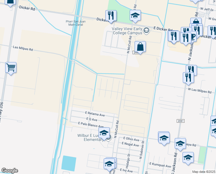 map of restaurants, bars, coffee shops, grocery stores, and more near 2801 West Las Milpas Road in Hidalgo