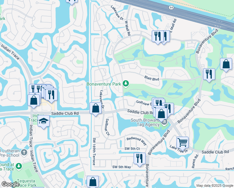 map of restaurants, bars, coffee shops, grocery stores, and more near 585 Racquet Club Road in Weston