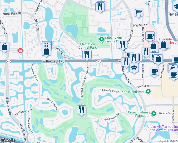 map of restaurants, bars, coffee shops, grocery stores, and more near 160 Jacaranda Country Club Drive in Plantation