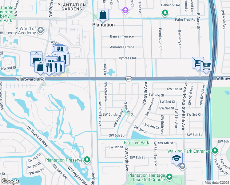map of restaurants, bars, coffee shops, grocery stores, and more near 171 Southwest 62nd Terrace in Plantation