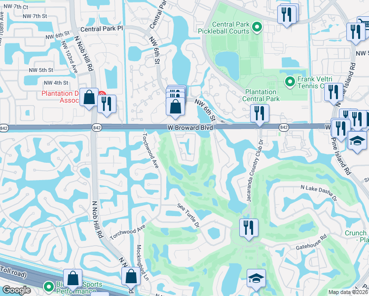 map of restaurants, bars, coffee shops, grocery stores, and more near 125 Southwest 96th Avenue in Plantation