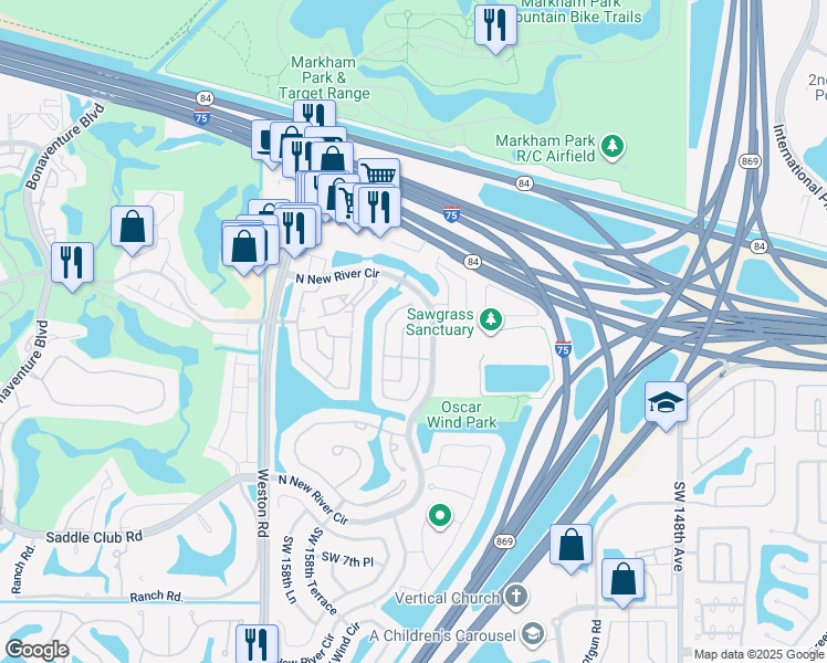 map of restaurants, bars, coffee shops, grocery stores, and more near 150 East Riverbend Drive in Sunrise