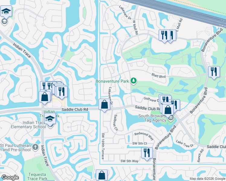 map of restaurants, bars, coffee shops, grocery stores, and more near 435 Lakeview Drive in Weston