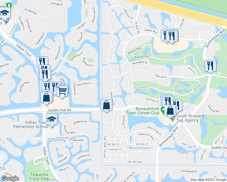 map of restaurants, bars, coffee shops, grocery stores, and more near 435 Lakeview Drive in Weston