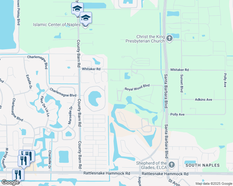 map of restaurants, bars, coffee shops, grocery stores, and more near 3705 Amberly Circle in Naples