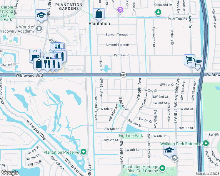 map of restaurants, bars, coffee shops, grocery stores, and more near 171 Southwest 62nd Terrace in Plantation