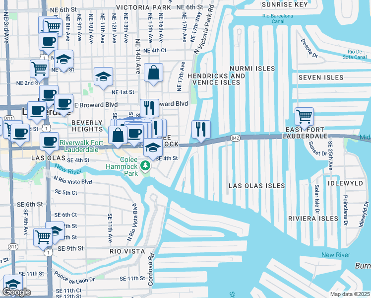 map of restaurants, bars, coffee shops, grocery stores, and more near 1703 East Las Olas Boulevard in Fort Lauderdale
