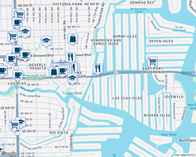 map of restaurants, bars, coffee shops, grocery stores, and more near 1750 Southeast 17th Way in Fort Lauderdale