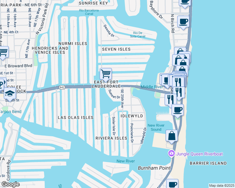 map of restaurants, bars, coffee shops, grocery stores, and more near 340 Sunset Drive in Fort Lauderdale