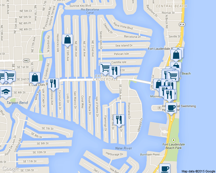 map of restaurants, bars, coffee shops, grocery stores, and more near 309 Sunset Drive in Fort Lauderdale