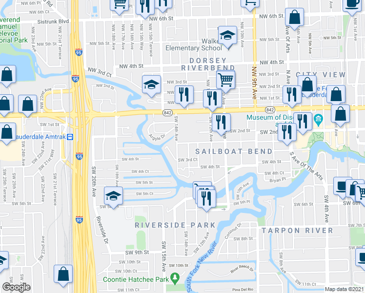 map of restaurants, bars, coffee shops, grocery stores, and more near 1332 Southwest 2nd Court in Fort Lauderdale